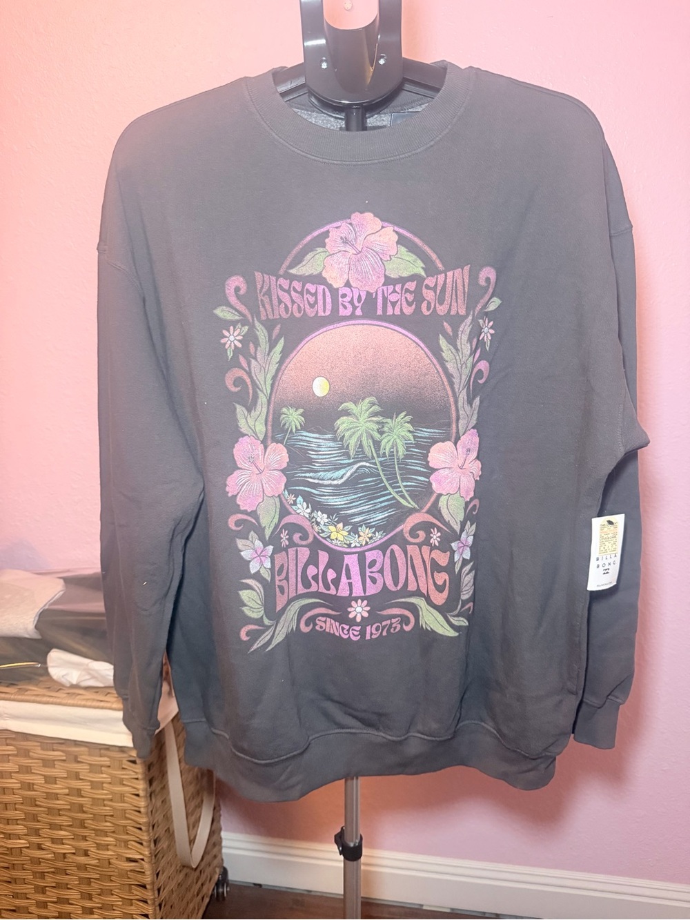 Billabong Black Pullover Sweatshirt with Pink and Green Tropical Graphic